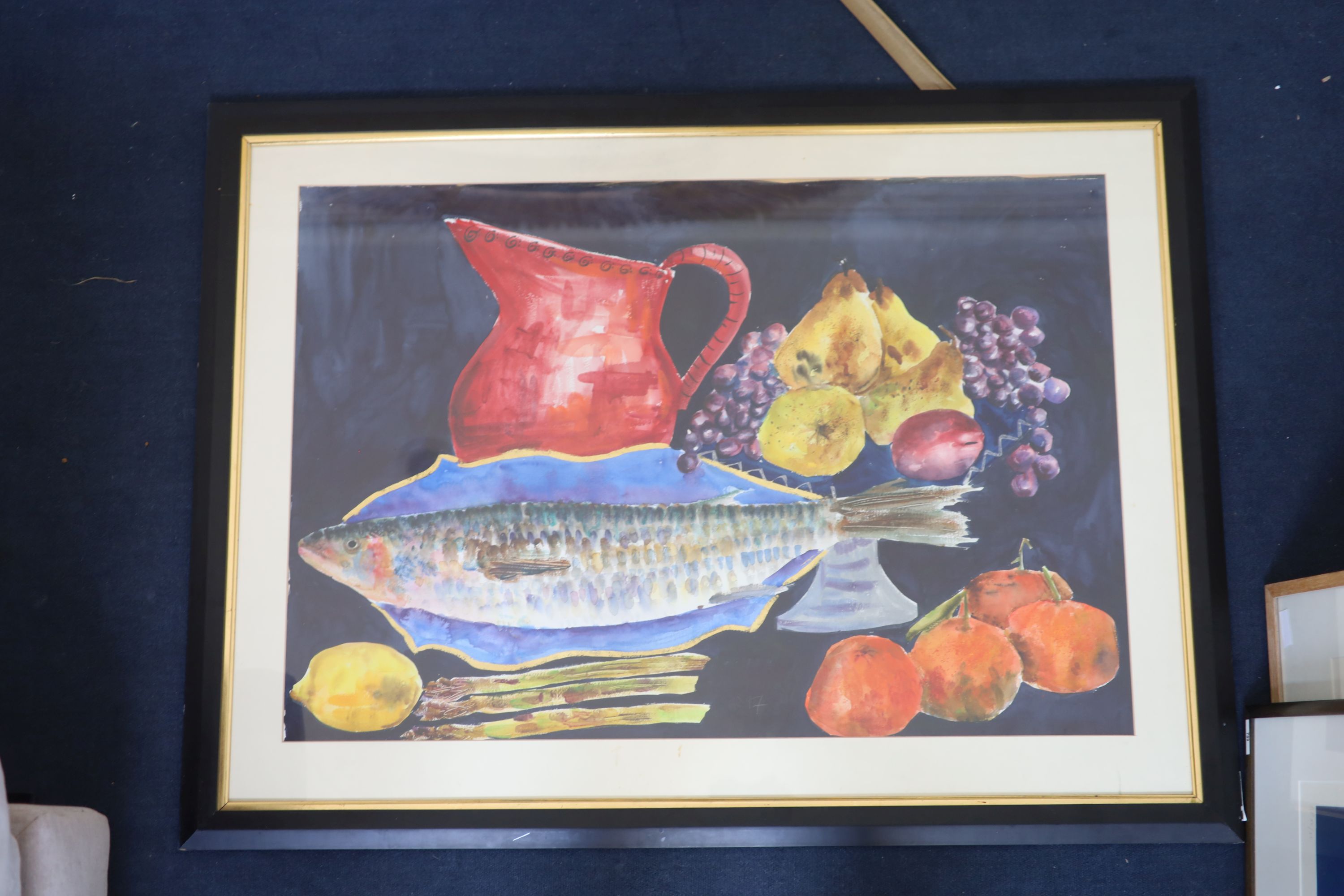 Hillary Rosen, watercolour, Fish with red vase, Boundary Gallery label verso dated 1997, 70 x 100cm